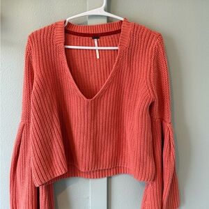 Free People Coral-Orange Knit V-Neck Pullover